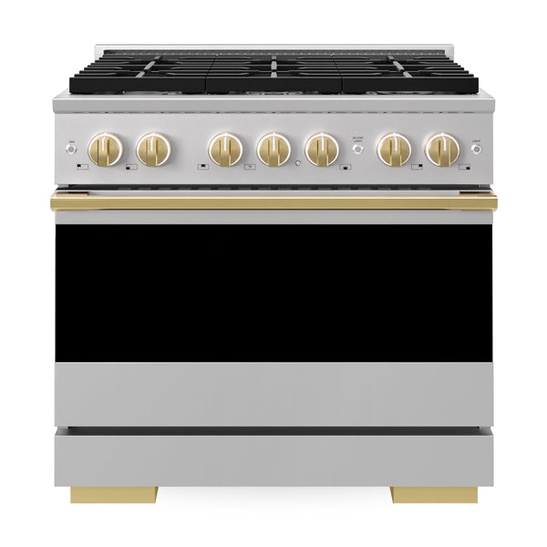 ZLINE Autograph Edition 36 in. 5.2 cu. ft. Marino Gas Range with 6 Burner Cooktop and Convection Gas Oven in Stainless Steel and Polished Gold Accents (MGRZ-36-G)