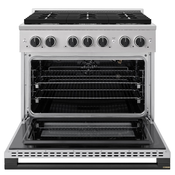 ZLINE Autograph Edition 36 in. 5.2 cu. ft. Marino Gas Range with 6 Burner Cooktop and Convection Gas Oven in Stainless Steel and Matte Black Accents (MGRZ-36-MB)