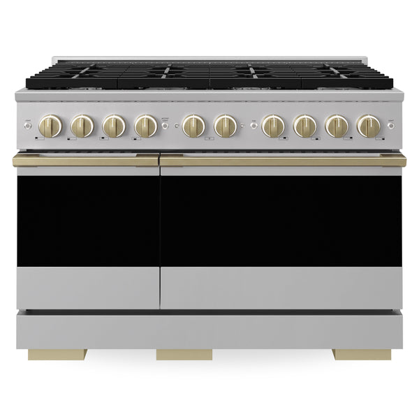 ZLINE Autograph Edition 48 in. 6.7 cu. ft. Marino Double Oven Gas Range with 8 Burner Cooktop in Stainless Steel and Champagne Bronze Accents (MGRZ-48-CB)