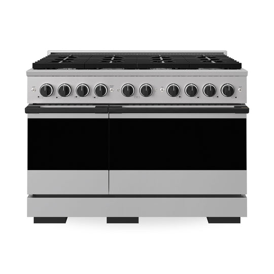 ZLINE Autograph Edition 48 in. 6.7 cu. ft. Marino Double Oven Gas Range with 8 Burner Cooktop in Stainless Steel and Matte Black Accents (MGRZ-48-MB)