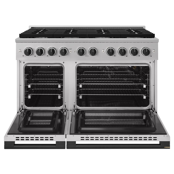 ZLINE Autograph Edition 48 in. 6.7 cu. ft. Marino Double Oven Gas Range with 8 Burner Cooktop in Stainless Steel and Matte Black Accents (MGRZ-48-MB)