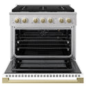 ZLINE Autograph Edition 36 in. 5.2 cu. ft. Marino Gas Range with 6 Burner Cooktop and Convection Gas Oven in Stainless Steel with White Matte Door and Champagne Bronze Accents (MGRZ-WM-36-CB)
