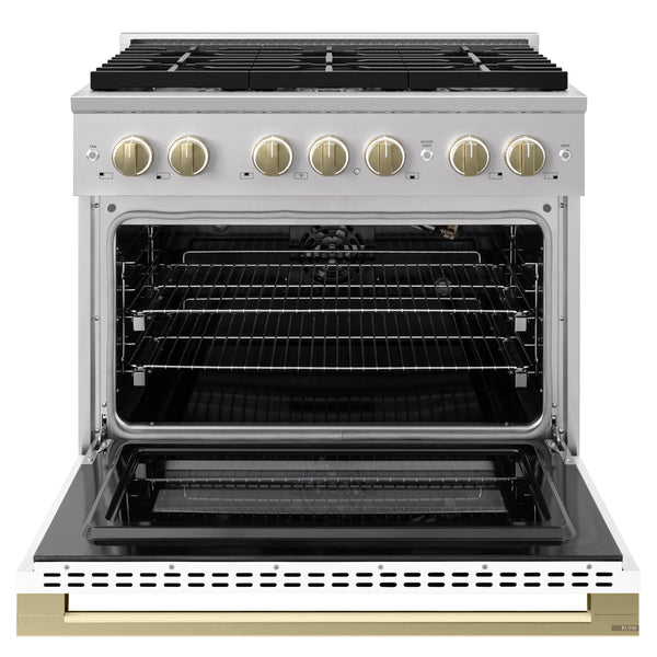 ZLINE Autograph Edition 36 in. 5.2 cu. ft. Marino Gas Range with 6 Burner Cooktop and Convection Gas Oven in Stainless Steel with White Matte Door and Champagne Bronze Accents (MGRZ-WM-36-CB)