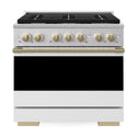 ZLINE Autograph Edition 36 in. 5.2 cu. ft. Marino Gas Range with 6 Burner Cooktop and Convection Gas Oven in Stainless Steel with White Matte Door and Champagne Bronze Accents (MGRZ-WM-36-CB)