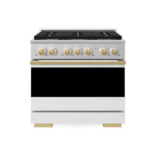 ZLINE Autograph Edition 36 in. 5.2 cu. ft. Marino Gas Range with 6 Burner Cooktop and Convection Gas Oven in Stainless Steel with White Matte Door and Polished Gold Accents (MGRZ-WM-36-G)