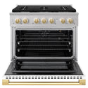 ZLINE Autograph Edition 36 in. 5.2 cu. ft. Marino Gas Range with 6 Burner Cooktop and Convection Gas Oven in Stainless Steel with White Matte Door and Polished Gold Accents (MGRZ-WM-36-G)