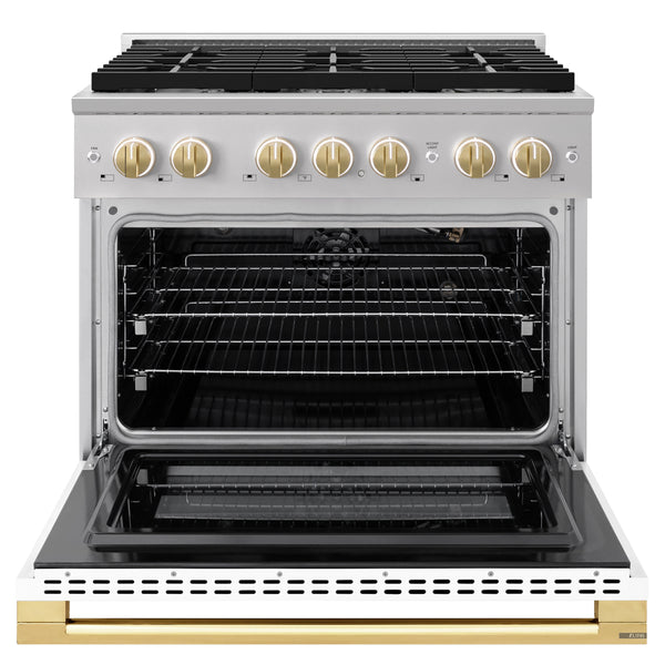 ZLINE Autograph Edition 36 in. 5.2 cu. ft. Marino Gas Range with 6 Burner Cooktop and Convection Gas Oven in Stainless Steel with White Matte Door and Polished Gold Accents (MGRZ-WM-36-G)