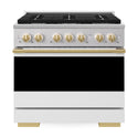 ZLINE Autograph Edition 36 in. 5.2 cu. ft. Marino Gas Range with 6 Burner Cooktop and Convection Gas Oven in Stainless Steel with White Matte Door and Polished Gold Accents (MGRZ-WM-36-G)