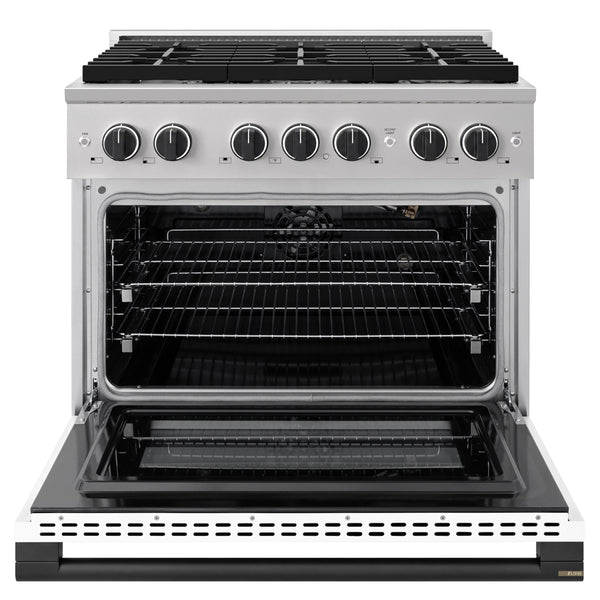 ZLINE Autograph Edition 36 in. 5.2 cu. ft. Marino Gas Range with 6 Burner Cooktop and Convection Gas Oven in Stainless Steel with White Matte Door and Matte Black Accents (MGRZ-WM-36-MB)