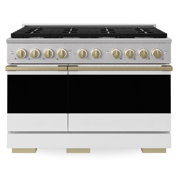 ZLINE Autograph Edition 48 in. 6.7 cu. ft. Marino Double Oven Gas Range with 8 Burner Cooktop in Stainless Steel with White Matte Doors and Champagne Bronze Accents (MGRZ-WM-48-CB)