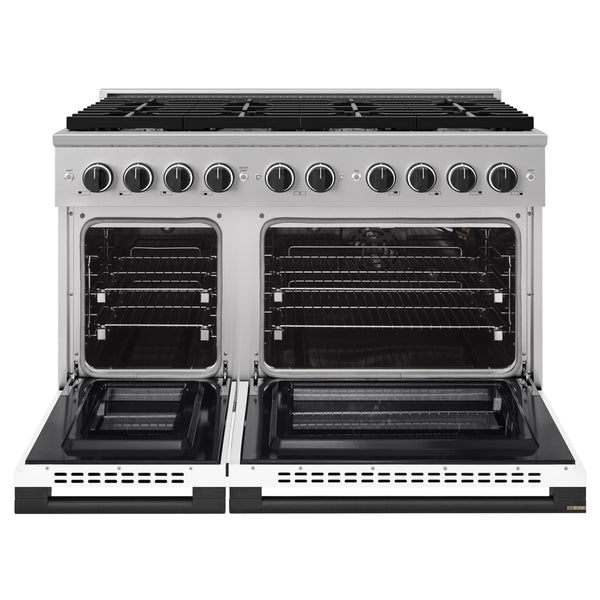 ZLINE Autograph Edition 48 in. 6.7 cu. ft. Marino Double Oven Gas Range with 8 Burner Cooktop in Stainless Steel with White Matte Doors and Matte Black Accents (MGRZ-WM-48-MB)