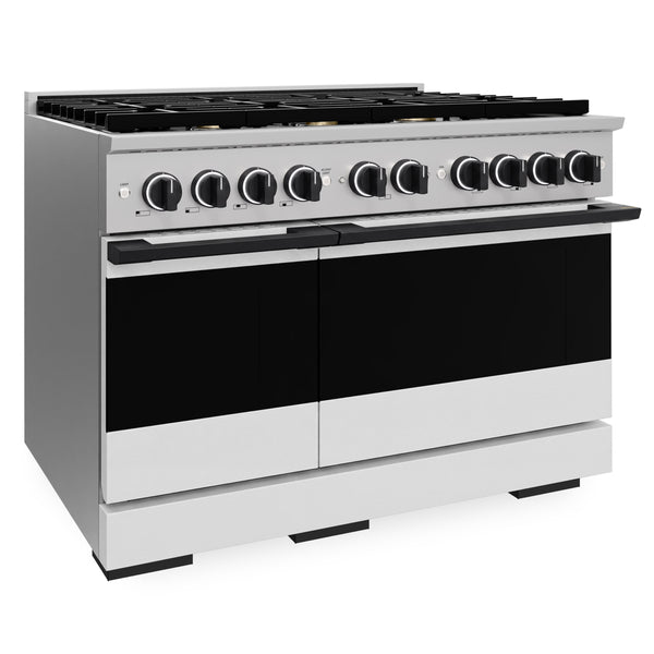 ZLINE Autograph Edition 48 in. 6.7 cu. ft. Marino Double Oven Gas Range with 8 Burner Cooktop in Stainless Steel with White Matte Doors and Matte Black Accents (MGRZ-WM-48-MB)