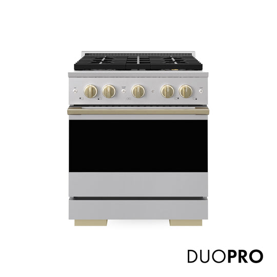 ZLINE Autograph Edition 30 in. 4.2 cu. ft. Marino Gas Range with 4 Burner DuoPro™ Cooktop and Convection Gas Oven in Stainless Steel with Champagne Bronze Accents (PMGRZ-30-CB)