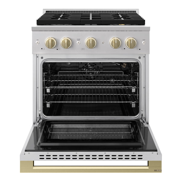 ZLINE Autograph Edition 30 in. 4.2 cu. ft. Marino Gas Range with 4 Burner DuoPro™ Cooktop and Convection Gas Oven in Stainless Steel with Champagne Bronze Accents (PMGRZ-30-CB)