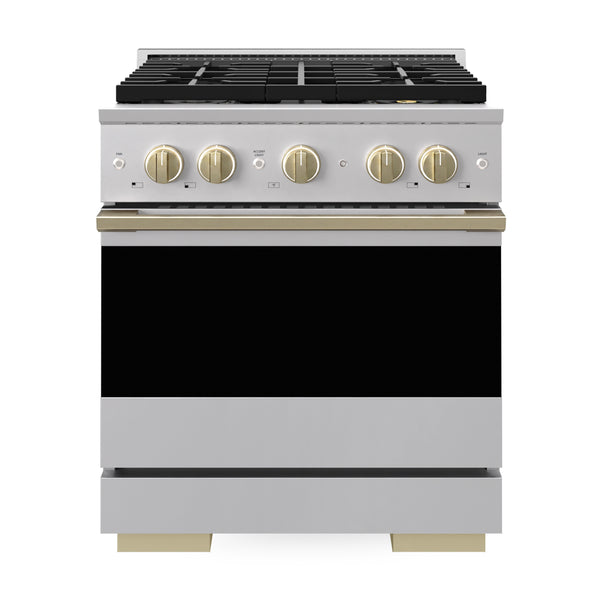 ZLINE Autograph Edition 30 in. 4.2 cu. ft. Marino Gas Range with 4 Burner DuoPro™ Cooktop and Convection Gas Oven in Stainless Steel with Champagne Bronze Accents (PMGRZ-30-CB)