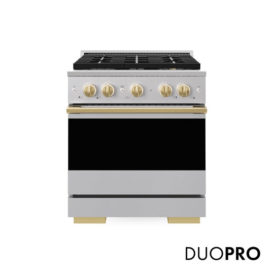 ZLINE Autograph Edition 30 in. 4.2 cu. ft. Marino Gas Range with 4 Burner DuoPro™ Cooktop and Convection Gas Oven in Stainless Steel with Polished Gold Accents (PMGRZ-30-G)