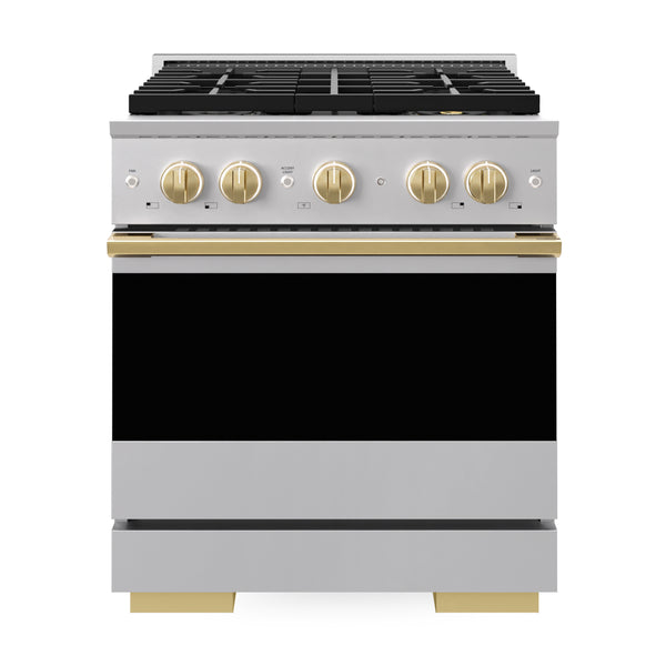ZLINE Autograph Edition 30 in. 4.2 cu. ft. Marino Gas Range with 4 Burner DuoPro™ Cooktop and Convection Gas Oven in Stainless Steel with Polished Gold Accents (PMGRZ-30-G)