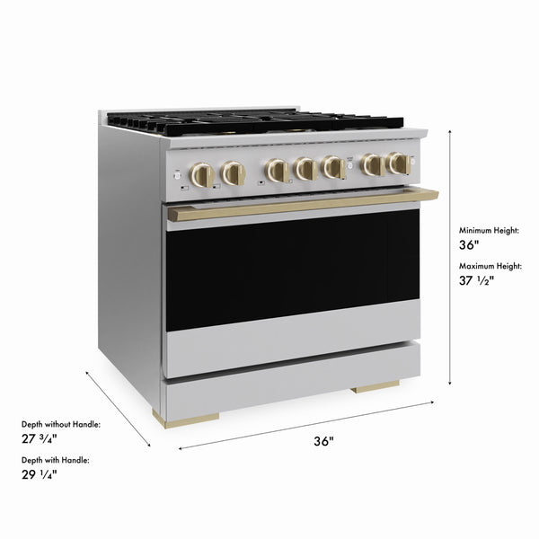 ZLINE Autograph Edition 36 in. 5.2 cu. ft. Marino Gas Range with 6 Burner DuoPro™ Cooktop and Convection Gas Oven in Stainless Steel and Champagne Bronze Accents (PMGRZ-36-CB)