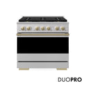 ZLINE Autograph Edition 36 in. 5.2 cu. ft. Marino Gas Range with 6 Burner DuoPro™ Cooktop and Convection Gas Oven in Stainless Steel and Champagne Bronze Accents (PMGRZ-36-CB)