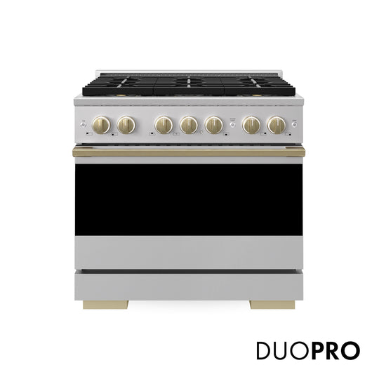 ZLINE Autograph Edition 36 in. 5.2 cu. ft. Marino Gas Range with 6 Burner DuoPro™ Cooktop and Convection Gas Oven in Stainless Steel and Champagne Bronze Accents (PMGRZ-36-CB)