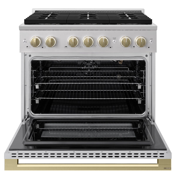 ZLINE Autograph Edition 36 in. 5.2 cu. ft. Marino Gas Range with 6 Burner DuoPro™ Cooktop and Convection Gas Oven in Stainless Steel and Champagne Bronze Accents (PMGRZ-36-CB)