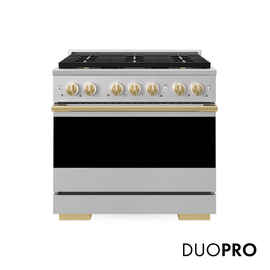ZLINE Autograph Edition 36 in. 5.2 cu. ft. Marino Gas Range with 6 Burner DuoPro™ Cooktop and Convection Gas Oven in Stainless Steel and Polished Gold Accents (PMGRZ-36-G)