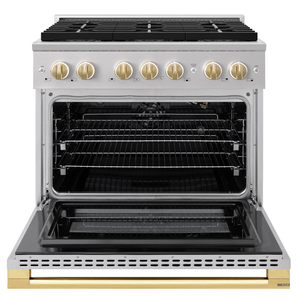 ZLINE Autograph Edition 36 in. 5.2 cu. ft. Marino Gas Range with 6 Burner DuoPro™ Cooktop and Convection Gas Oven in Stainless Steel and Polished Gold Accents (PMGRZ-36-G)