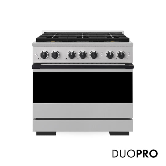ZLINE Autograph Edition 36 in. 5.2 cu. ft. Marino Gas Range with 6 Burner DuoPro™ Cooktop and Convection Gas Oven in Stainless Steel and Matte Black Accents (PMGRZ-36-MB)