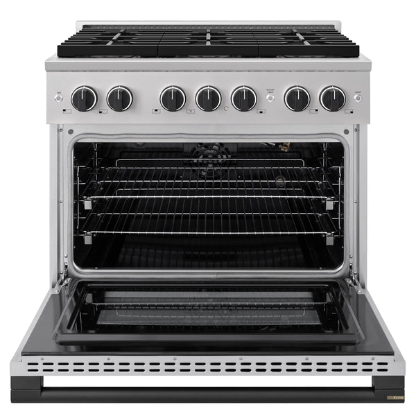 ZLINE Autograph Edition 36 in. 5.2 cu. ft. Marino Gas Range with 6 Burner DuoPro™ Cooktop and Convection Gas Oven in Stainless Steel and Matte Black Accents (PMGRZ-36-MB)