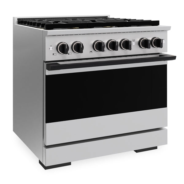 ZLINE Autograph Edition 36 in. 5.2 cu. ft. Marino Gas Range with 6 Burner DuoPro™ Cooktop and Convection Gas Oven in Stainless Steel and Matte Black Accents (PMGRZ-36-MB)