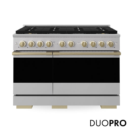 ZLINE Autograph Edition 48 in. 6.7 cu. ft. Marino Gas Range with 8 Burner DuoPro™ Cooktop and Dual Ovens in Stainless Steel and Champagne Bronze Accents (PMGRZ-48-CB)