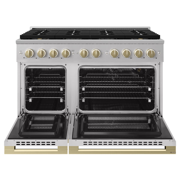 ZLINE Autograph Edition 48 in. 6.7 cu. ft. Marino Gas Range with 8 Burner DuoPro™ Cooktop and Dual Ovens in Stainless Steel and Champagne Bronze Accents (PMGRZ-48-CB)