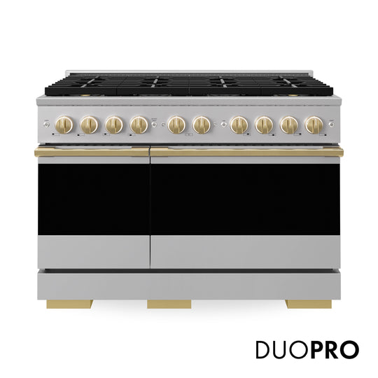 ZLINE Autograph Edition 48 in. 6.7 cu. ft. Marino Gas Range with 8 Burner DuoPro™ Cooktop and Dual Ovens in Stainless Steel and Polished Gold Accents (PMGRZ-48-G)