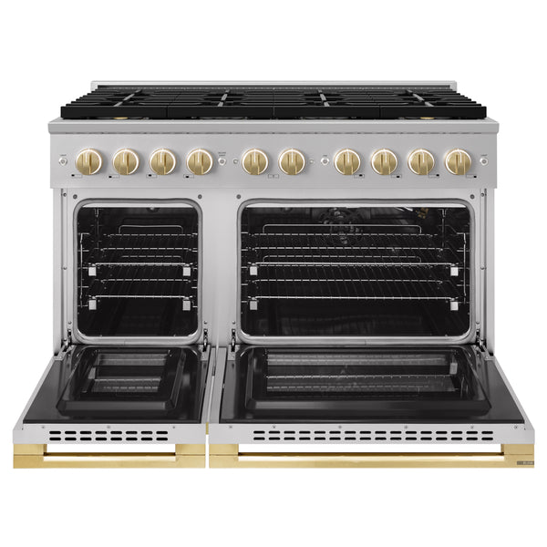 ZLINE Autograph Edition 48 in. 6.7 cu. ft. Marino Gas Range with 8 Burner DuoPro™ Cooktop and Dual Ovens in Stainless Steel and Polished Gold Accents (PMGRZ-48-G)