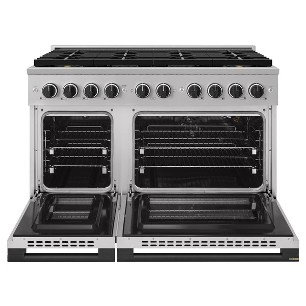 ZLINE Autograph Edition 48 in. 6.7 cu. ft. Marino Gas Range with 8 Burner DuoPro™ Cooktop and Dual Ovens in Stainless Steel and Matte Black Accents (PMGRZ-48-MB)