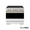 ZLINE Autograph Edition 36 in. 5.2 cu. ft. Marino Gas Range with 6 Burner DuoPro™ Cooktop and Convection Gas Oven with White Matte Door and Champagne Bronze Accents (PMGRZ-WM-36-CB)