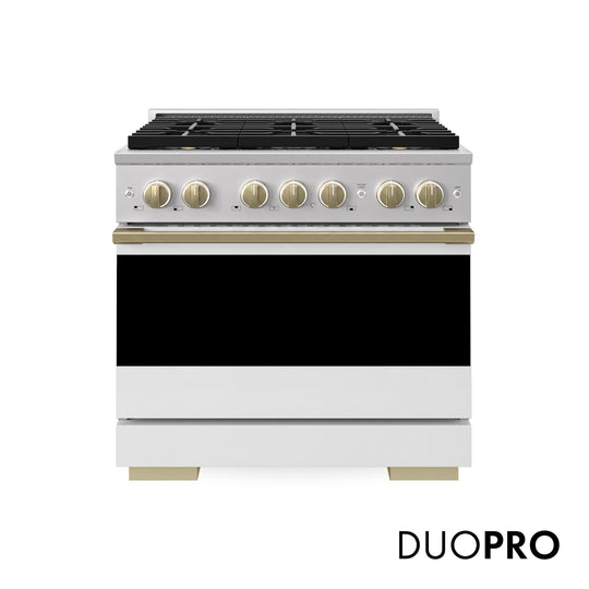 ZLINE Autograph Edition 36 in. 5.2 cu. ft. Marino Gas Range with 6 Burner DuoPro™ Cooktop and Convection Gas Oven with White Matte Door and Champagne Bronze Accents (PMGRZ-WM-36-CB)