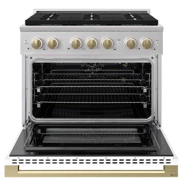ZLINE Autograph Edition 36 in. 5.2 cu. ft. Marino Gas Range with 6 Burner DuoPro™ Cooktop and Convection Gas Oven with White Matte Door and Champagne Bronze Accents (PMGRZ-WM-36-CB)