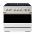 ZLINE Autograph Edition 36 in. 5.2 cu. ft. Marino Gas Range with 6 Burner DuoPro™ Cooktop and Convection Gas Oven with White Matte Door and Champagne Bronze Accents (PMGRZ-WM-36-CB)