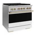 ZLINE Autograph Edition 36 in. 5.2 cu. ft. Marino Gas Range with 6 Burner DuoPro™ Cooktop and Convection Gas Oven with White Matte Door and Champagne Bronze Accents (PMGRZ-WM-36-CB)