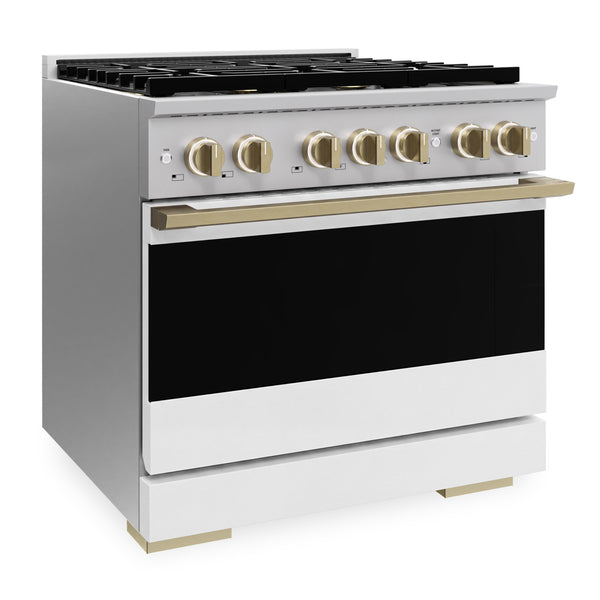 ZLINE Autograph Edition 36 in. 5.2 cu. ft. Marino Gas Range with 6 Burner DuoPro™ Cooktop and Convection Gas Oven with White Matte Door and Champagne Bronze Accents (PMGRZ-WM-36-CB)
