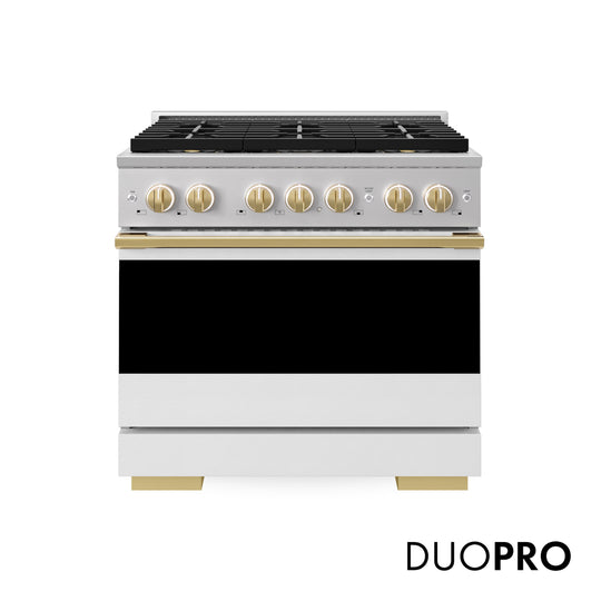ZLINE Autograph Edition 36 in. 5.2 cu. ft. Marino Gas Range with 6 Burner DuoPro™ Cooktop and Convection Gas Oven with White Matte Door and Polished Gold Accents (PMGRZ-WM-36-G)