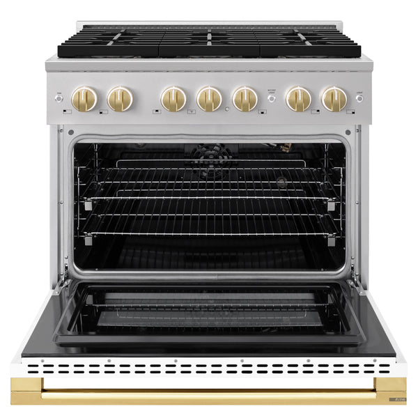 ZLINE Autograph Edition 36 in. 5.2 cu. ft. Marino Gas Range with 6 Burner DuoPro™ Cooktop and Convection Gas Oven with White Matte Door and Polished Gold Accents (PMGRZ-WM-36-G)