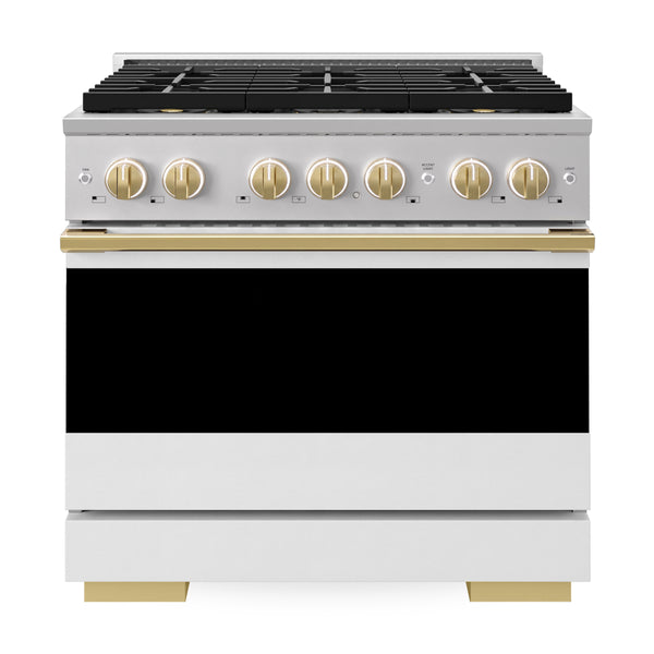 ZLINE Autograph Edition 36 in. 5.2 cu. ft. Marino Gas Range with 6 Burner DuoPro™ Cooktop and Convection Gas Oven with White Matte Door and Polished Gold Accents (PMGRZ-WM-36-G)