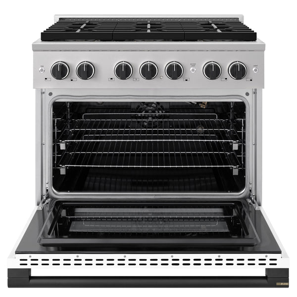 ZLINE Autograph Edition 36 in. 5.2 cu. ft. Marino Gas Range with 6 Burner DuoPro™ Cooktop and Convection Gas Oven with White Matte Door and Matte Black Accents (PMGRZ-WM-36-MB)