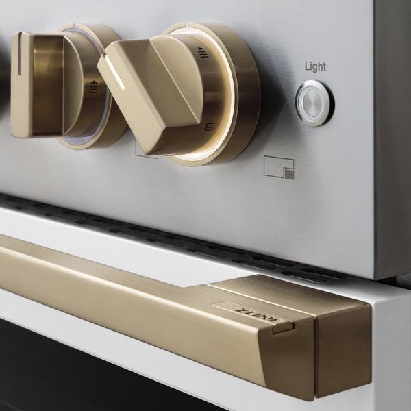 ZLINE Autograph Edition 48 in. 6.7 cu. ft. Marino Gas Range with 8 Burner DuoPro™ Cooktop and Dual Ovens with White Matte Doors and Champagne Bronze Accents (PMGRZ-WM-48-CB)