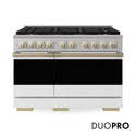 ZLINE Autograph Edition 48 in. 6.7 cu. ft. Marino Gas Range with 8 Burner DuoPro™ Cooktop and Dual Ovens with White Matte Doors and Champagne Bronze Accents (PMGRZ-WM-48-CB)