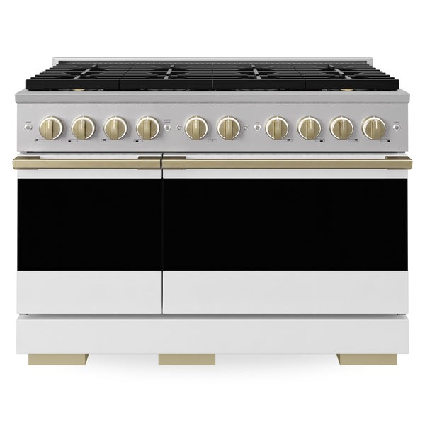 ZLINE Autograph Edition 48 in. 6.7 cu. ft. Marino Gas Range with 8 Burner DuoPro™ Cooktop and Dual Ovens with White Matte Doors and Champagne Bronze Accents (PMGRZ-WM-48-CB)