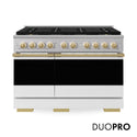 ZLINE Autograph Edition 48 in. 6.7 cu. ft. Marino Gas Range with 8 Burner DuoPro™ Cooktop and Dual Ovens with White Matte Doors and Polished Gold Accents (PMGRZ-WM-48-G)
