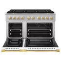 ZLINE Autograph Edition 48 in. 6.7 cu. ft. Marino Gas Range with 8 Burner DuoPro™ Cooktop and Dual Ovens with White Matte Doors and Polished Gold Accents (PMGRZ-WM-48-G)